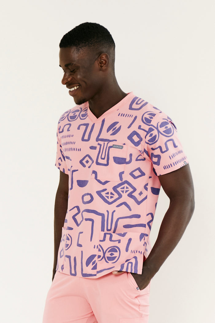 The Alexander Men's Scrub Top - Shaka Print - Meraki Scrubs